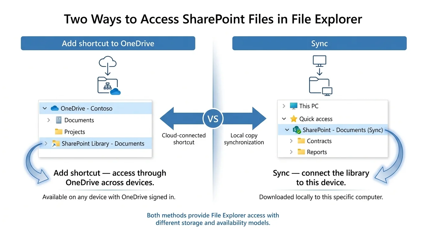 Comparison of a SharePoint library added as a OneDrive shortcut versus a library synced to a single Windows device