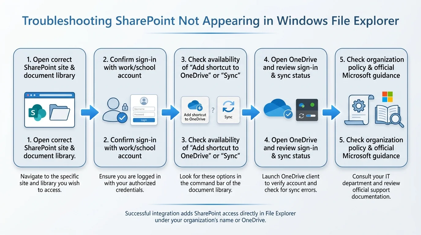 Troubleshooting checklist for SharePoint not appearing in Windows File Explorer