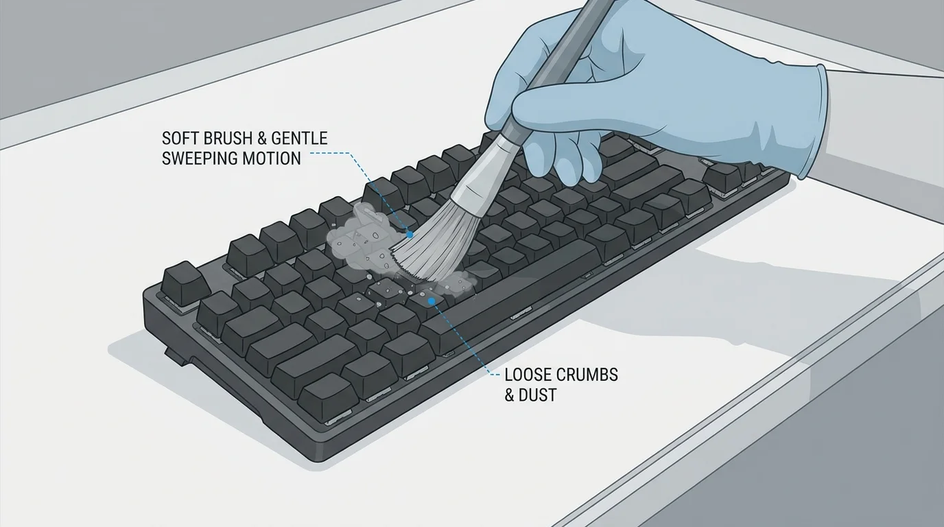 Loose crumbs being removed from between external keyboard keys with a soft brush