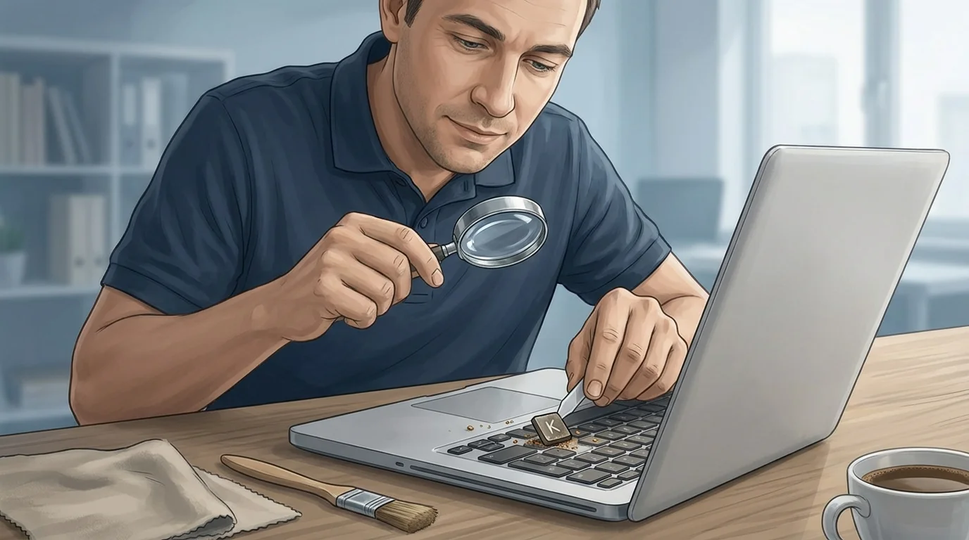 Keyboard being checked for a damaged key mechanism before professional repair