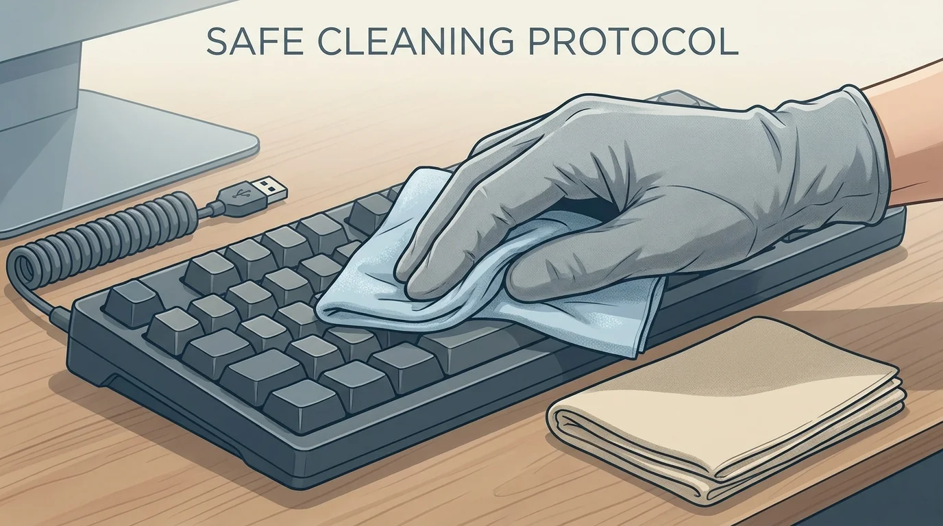 A slightly damp lint-free cloth being used to clean the surface of a keyboard key