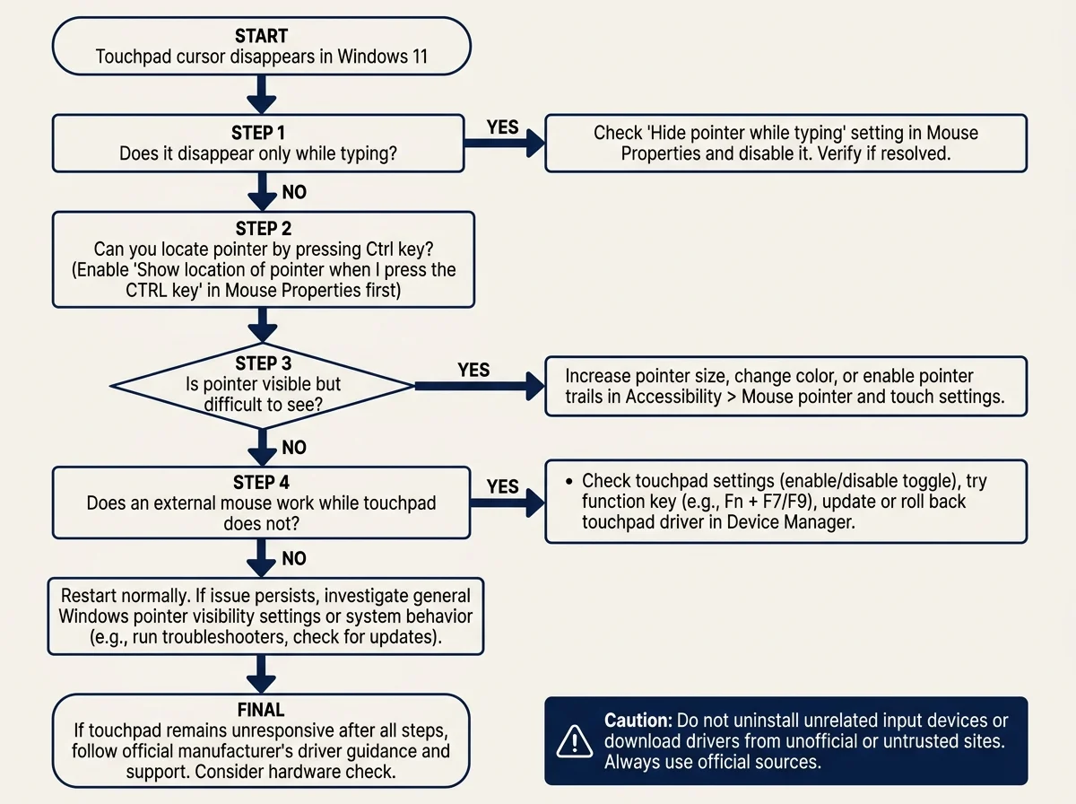 Flowchart for a disappearing Windows 11 touchpad cursor: distinguish hiding while typing, poor visibility, a disabled touchpad, and a driver or device issue