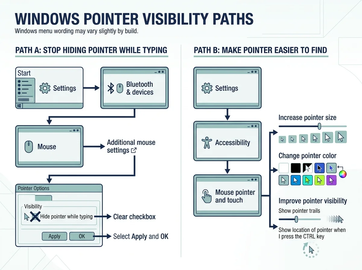 Diagram of the Windows 11 path Settings > Bluetooth & devices > Mouse > Additional mouse settings > Pointer Options, highlighting Hide pointer while typing