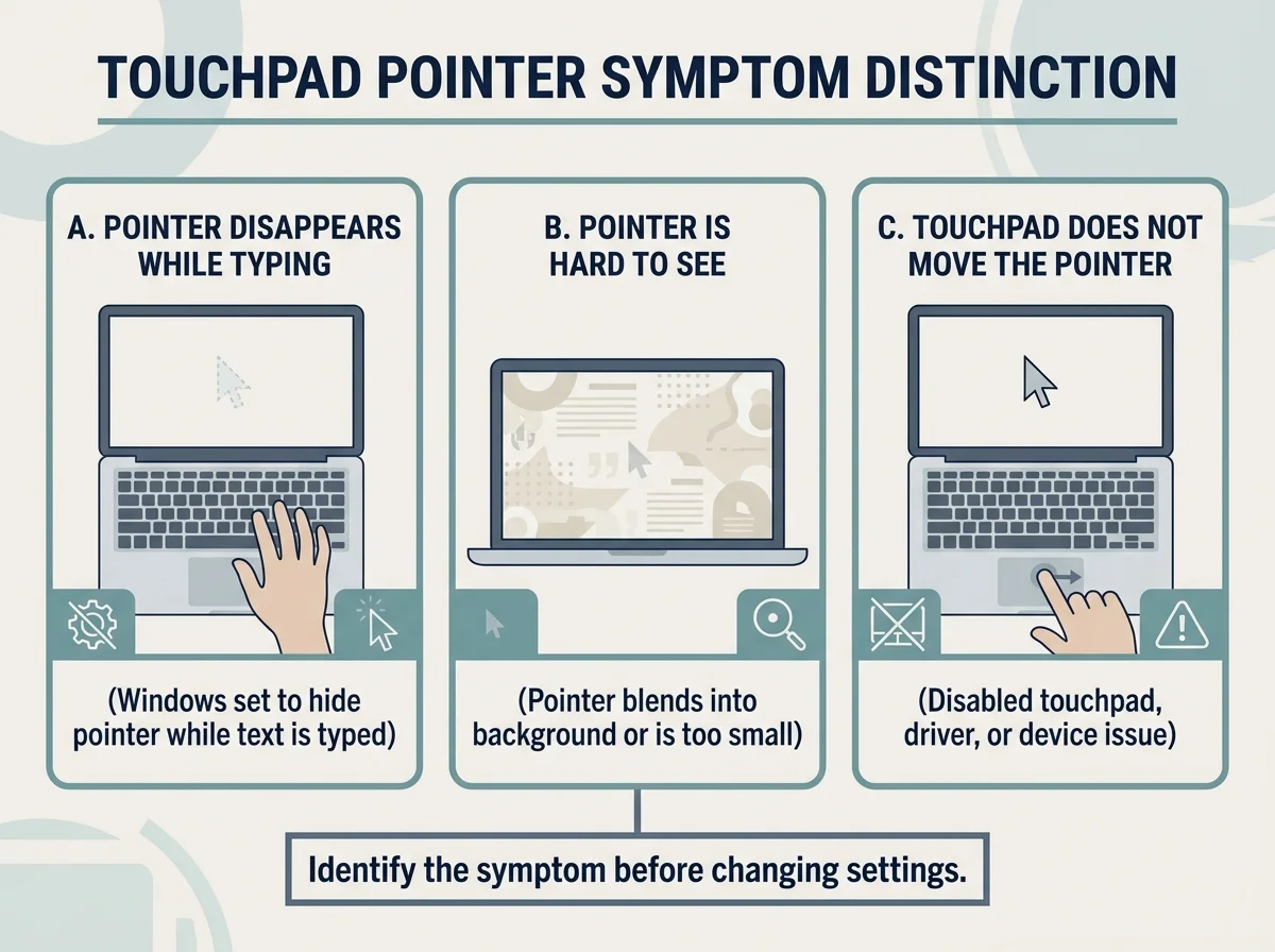 Infographic showing three distinct symptoms: pointer hidden while typing, pointer difficult to see, and touchpad pointer not moving