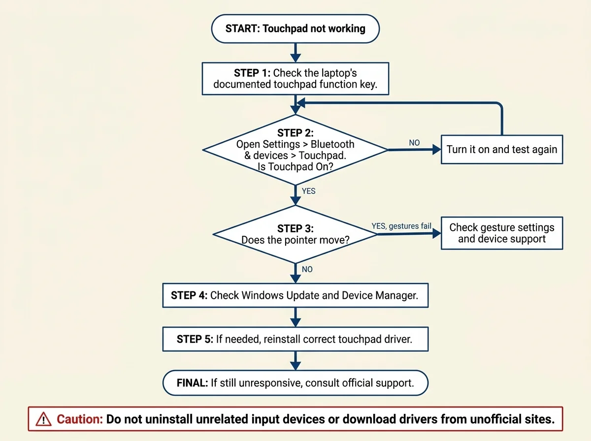 A troubleshooting flowchart moving from keyboard shortcut and Windows settings checks to driver updates, reinstallation, and manufacturer support