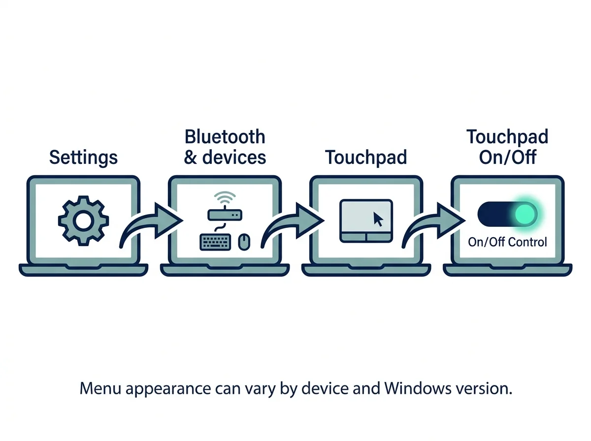 Diagram showing the Windows 11 Settings path Settings > Bluetooth & devices > Touchpad, with the On/Off toggle highlighted schematically