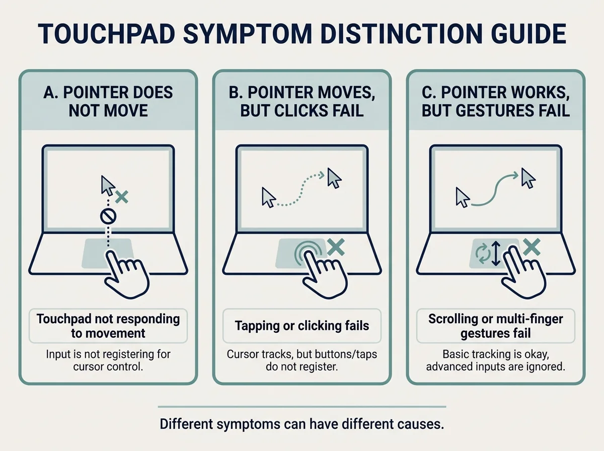 A concise diagram distinguishing a touchpad that is fully unresponsive, one with click problems, and one where only gestures fail