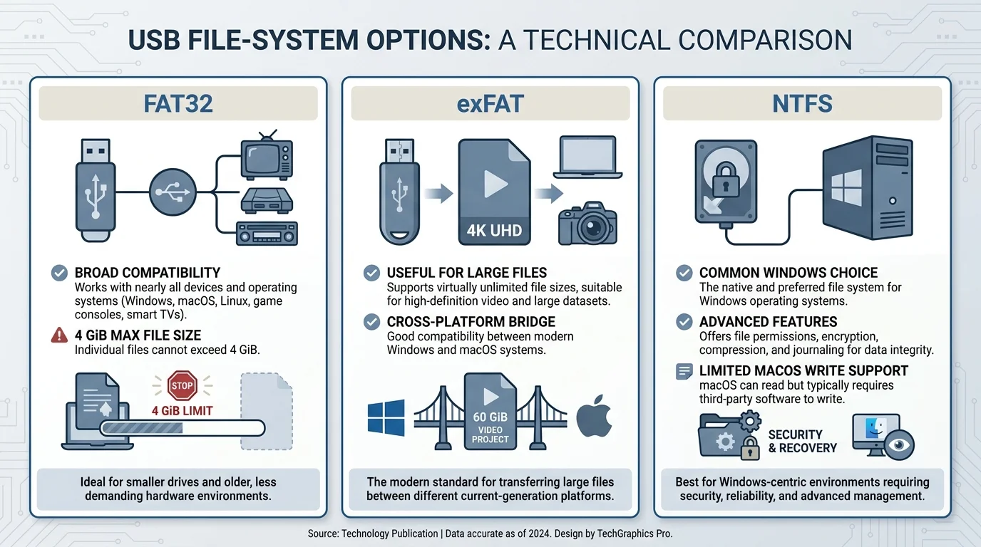 Comparison of FAT32, exFAT, and NTFS file systems for a USB drive