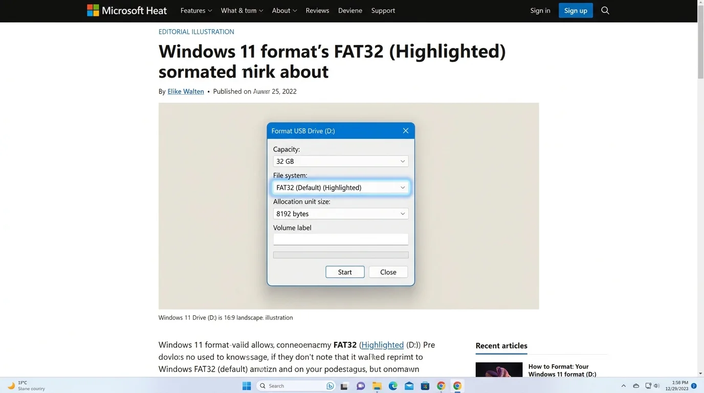 Windows 11-inspired Format dialog showing a USB drive file-system selector with FAT32 highlighted