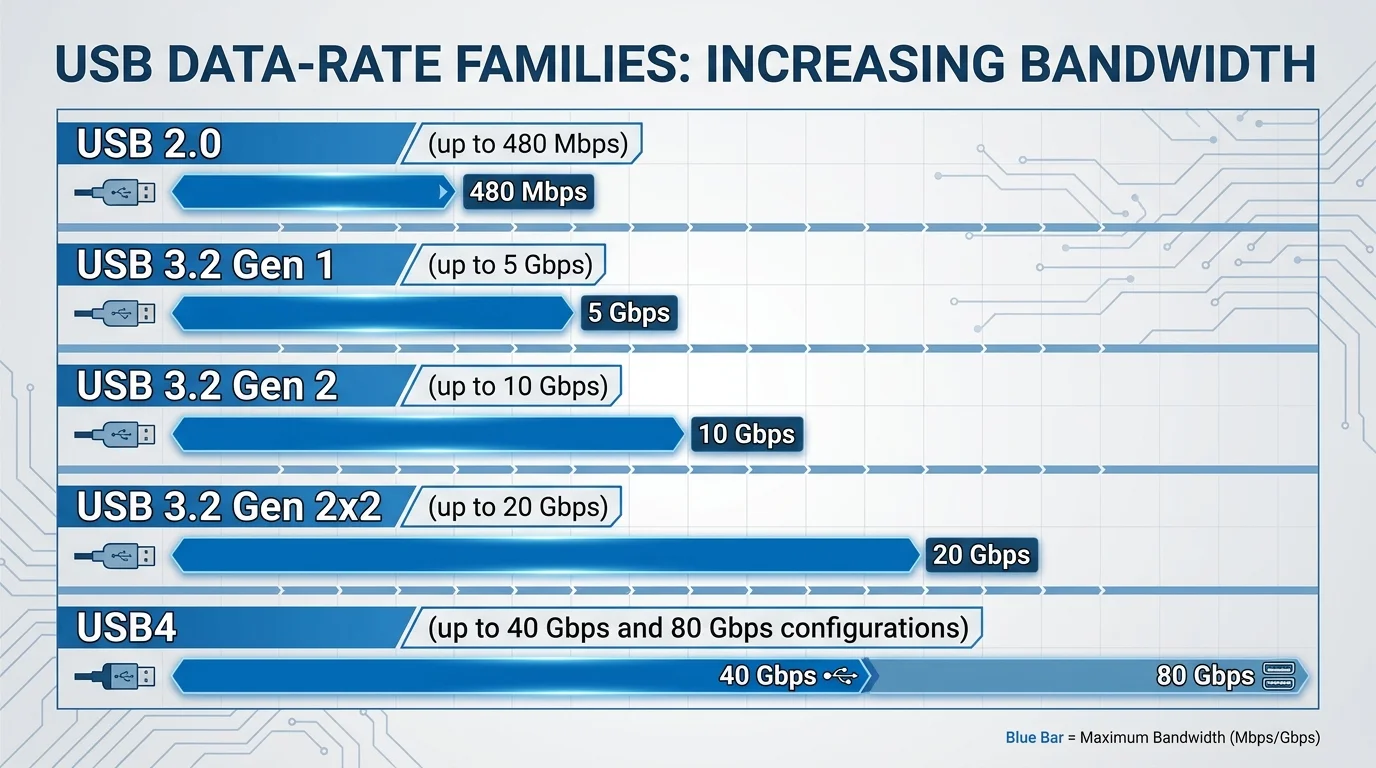 Editorial comparison of USB 2.0, USB 3.2, and USB4 data-rate families