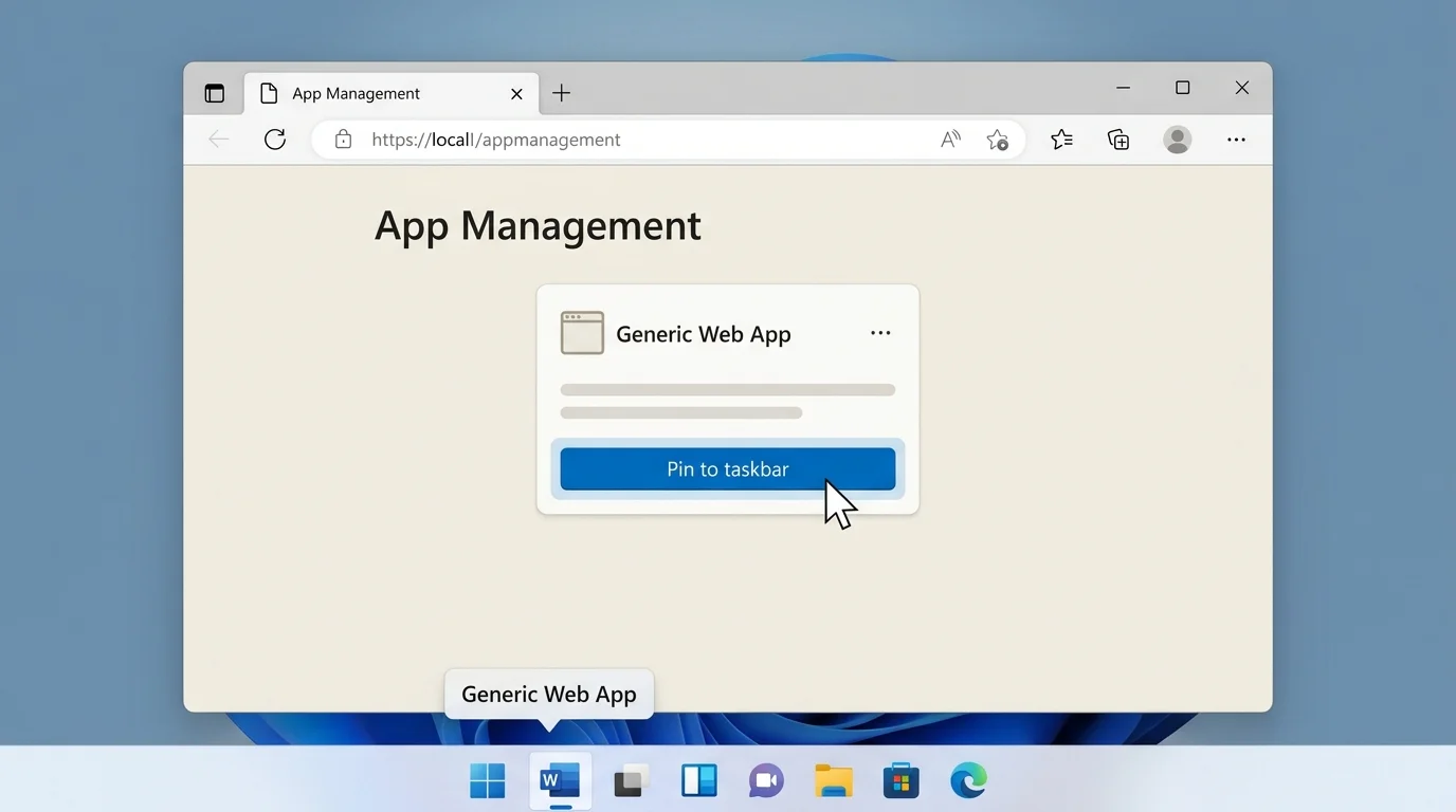 Illustration of a website installed as an app in Microsoft Edge, with the Pin to taskbar option highlighted