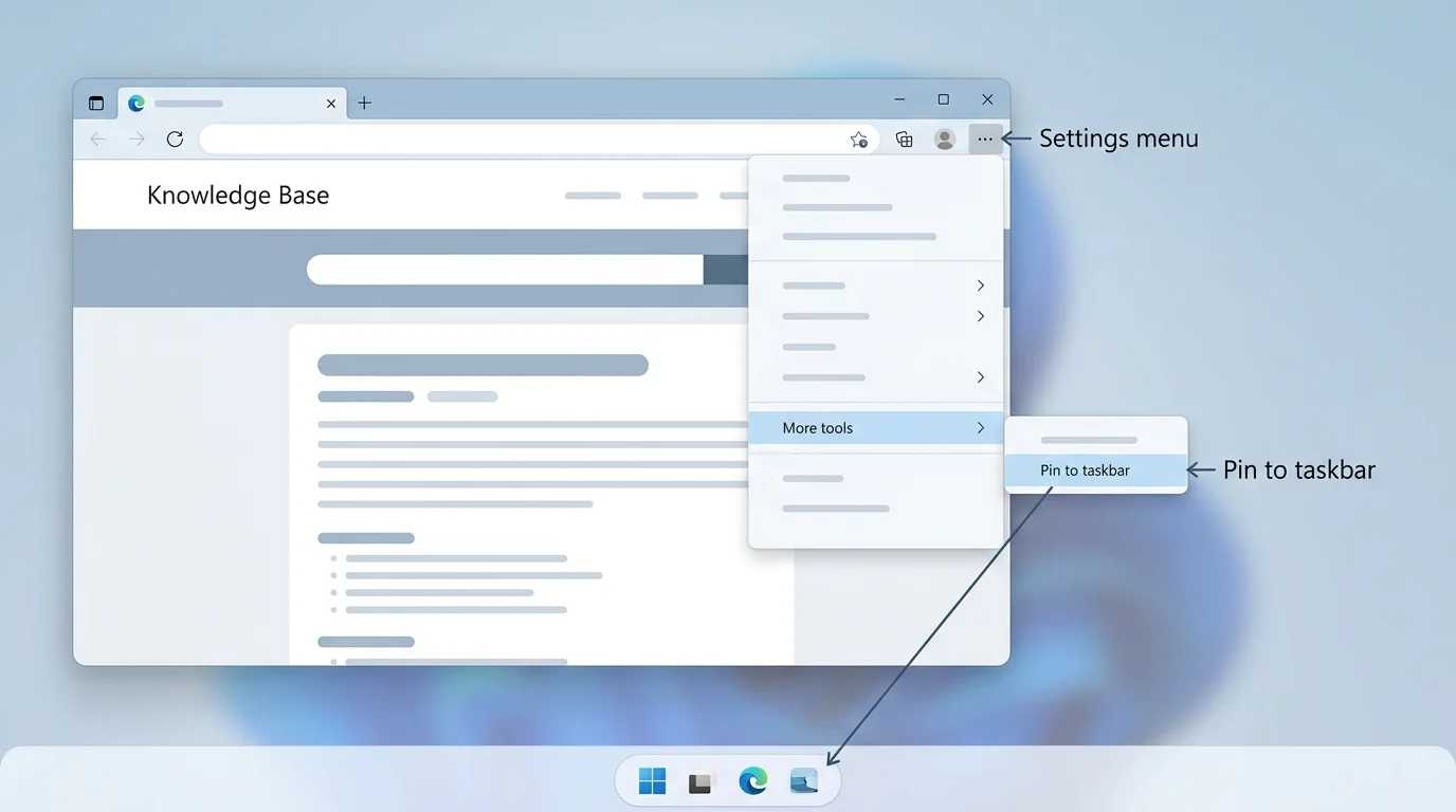Illustration of Microsoft Edge's menu with the Pin to taskbar option highlighted