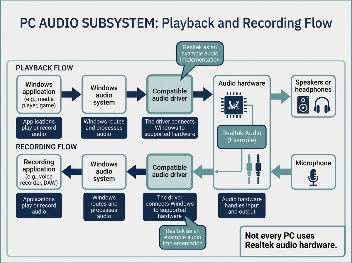 Diagram showing audio moving from a Windows app through the Windows audio system and an audio driver to compatible audio hardware, with Realtek shown as one possible implementation