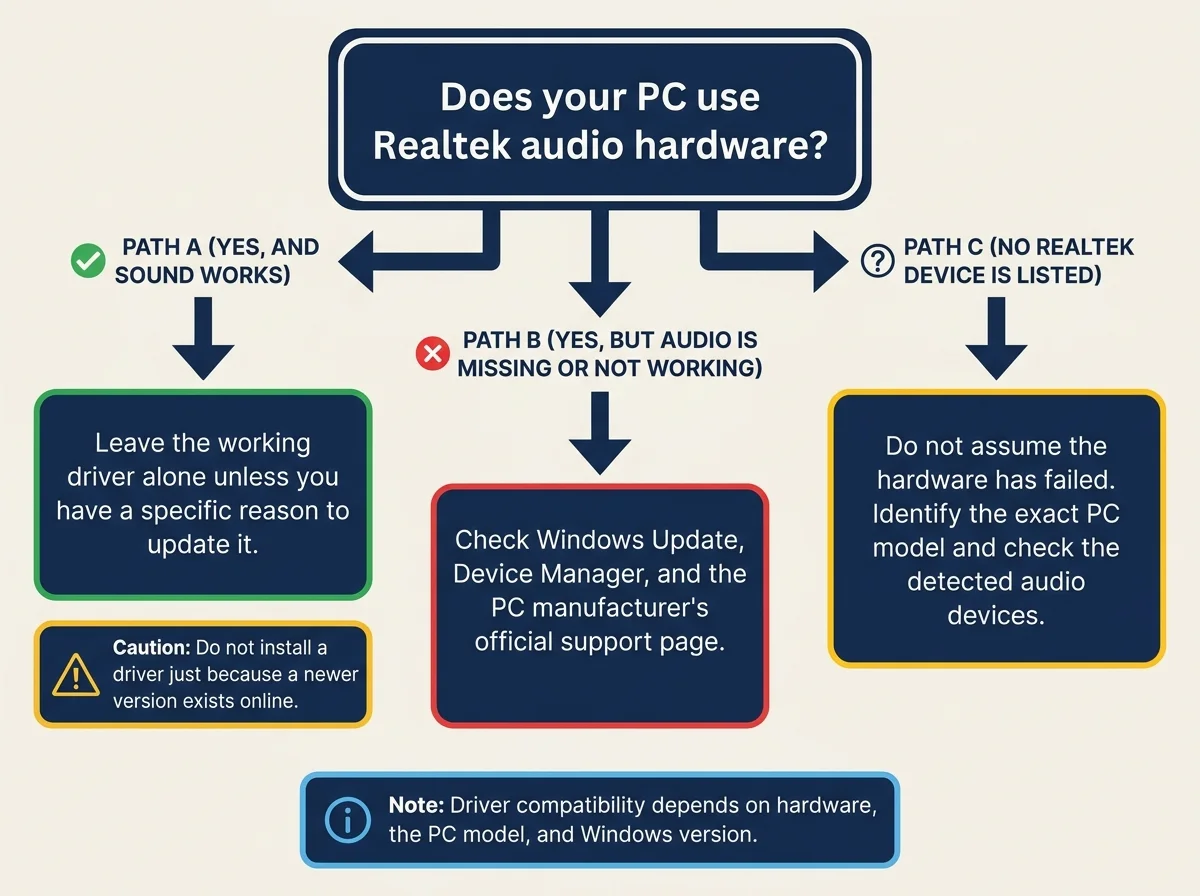 Decision diagram showing when to leave a working Realtek driver alone and when to investigate Windows Update or the computer manufacturer's official support page