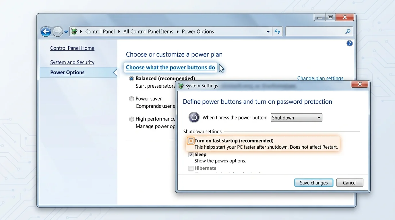 A Windows-inspired Power Options interface highlighting the Fast Startup setting