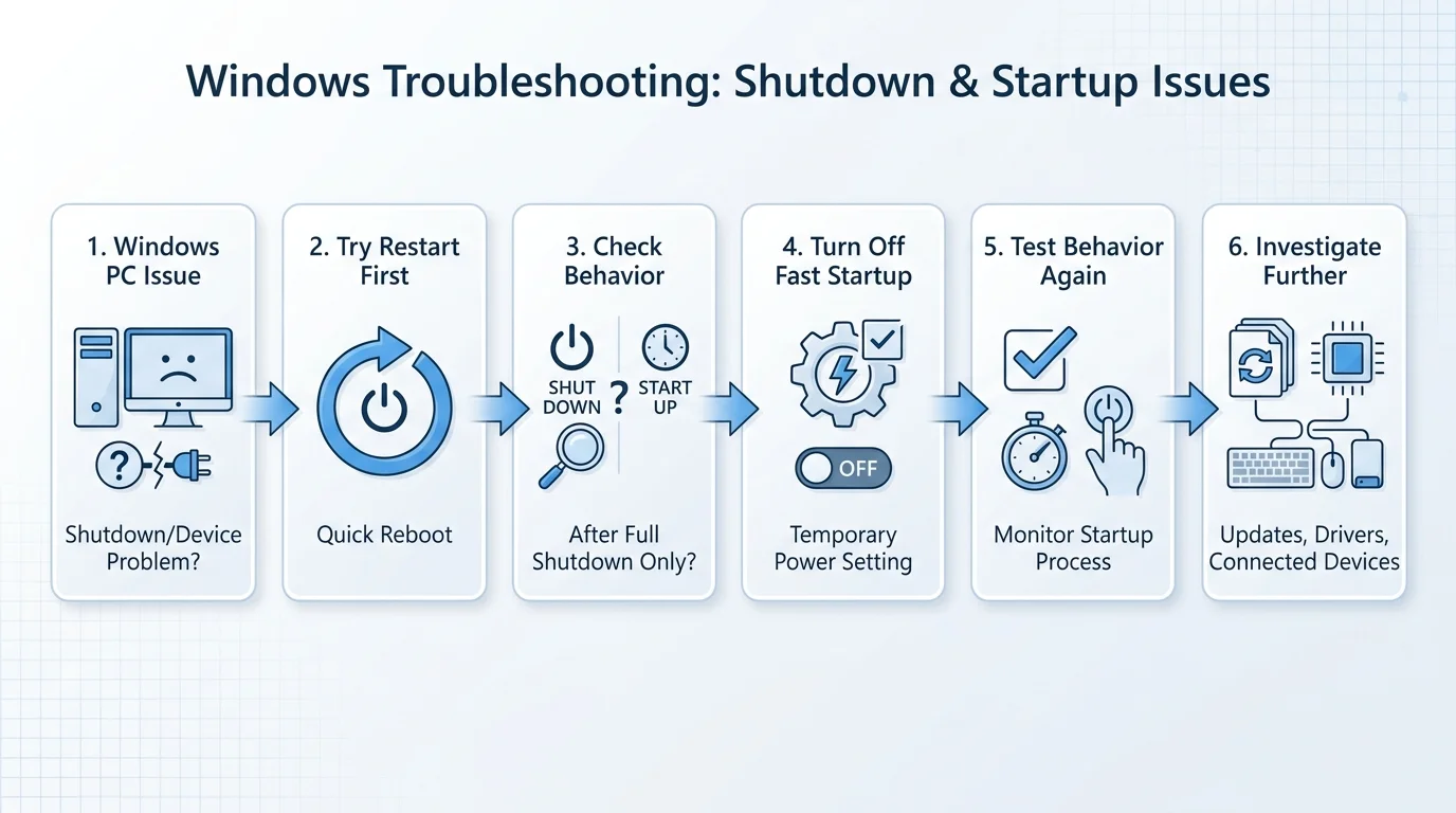 Troubleshooting flowchart for testing Restart, shutdown behavior, and Fast Startup settings