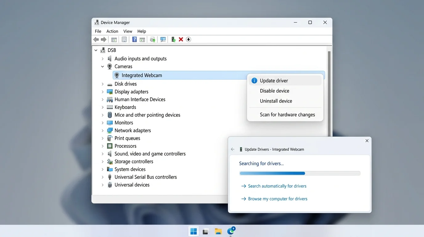Windows 11 Device Manager showing a camera device being checked before installing an official driver update