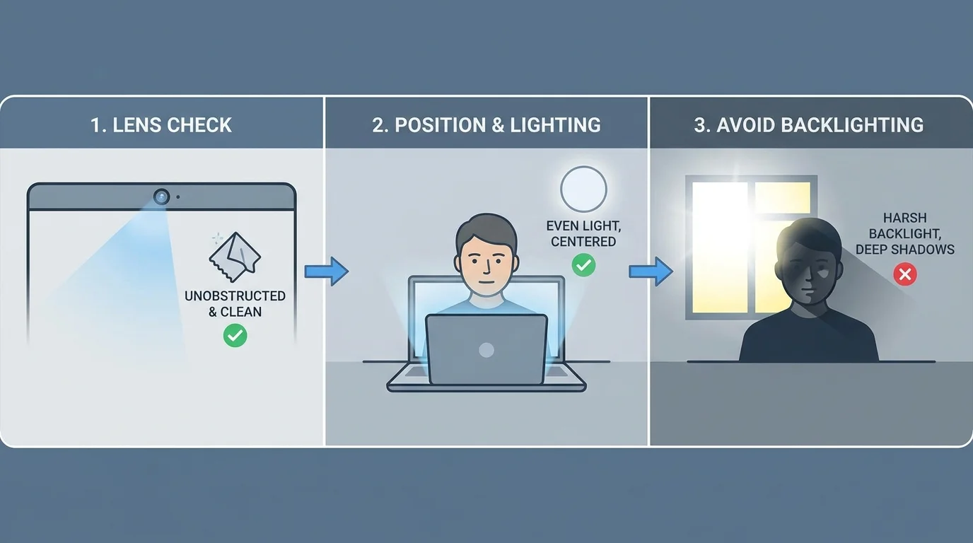 Windows Hello face recognition troubleshooting with a clean camera area, front lighting, and an unobstructed view of the face