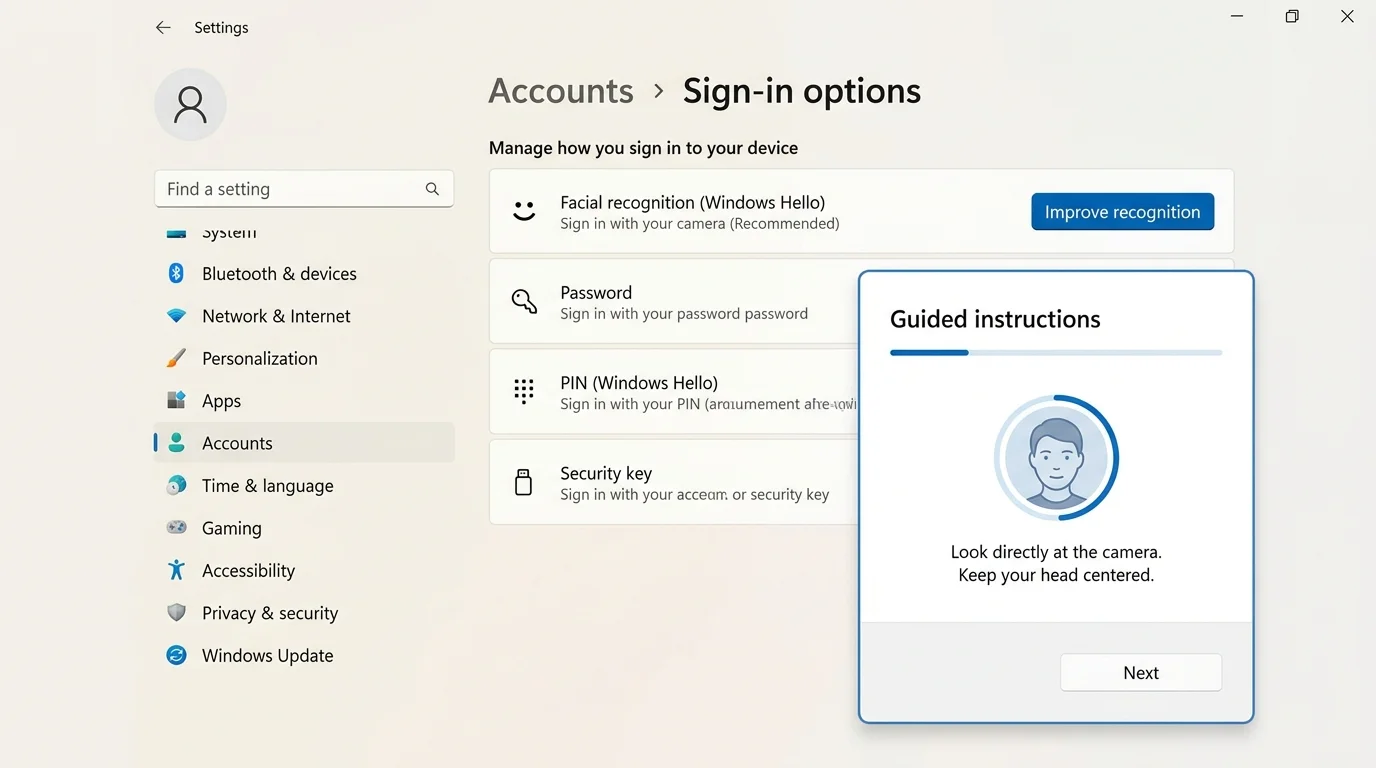 Illustrative Windows 11 Sign-in options panel showing Facial recognition (Windows Hello) and Improve recognition