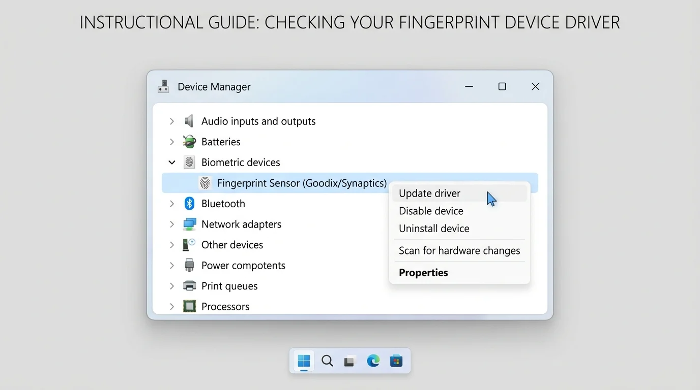 Windows 11 Device Manager showing a biometric device selected for a driver check