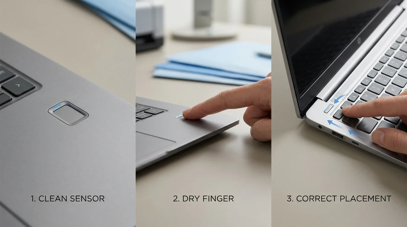 A close-up of a fingerprint reader being checked for cleanliness before Windows Hello troubleshooting
