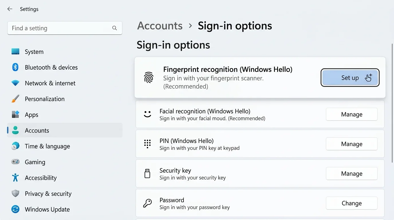 Illustrative Windows 11 Sign-in options page showing Fingerprint recognition and an option to add a finger