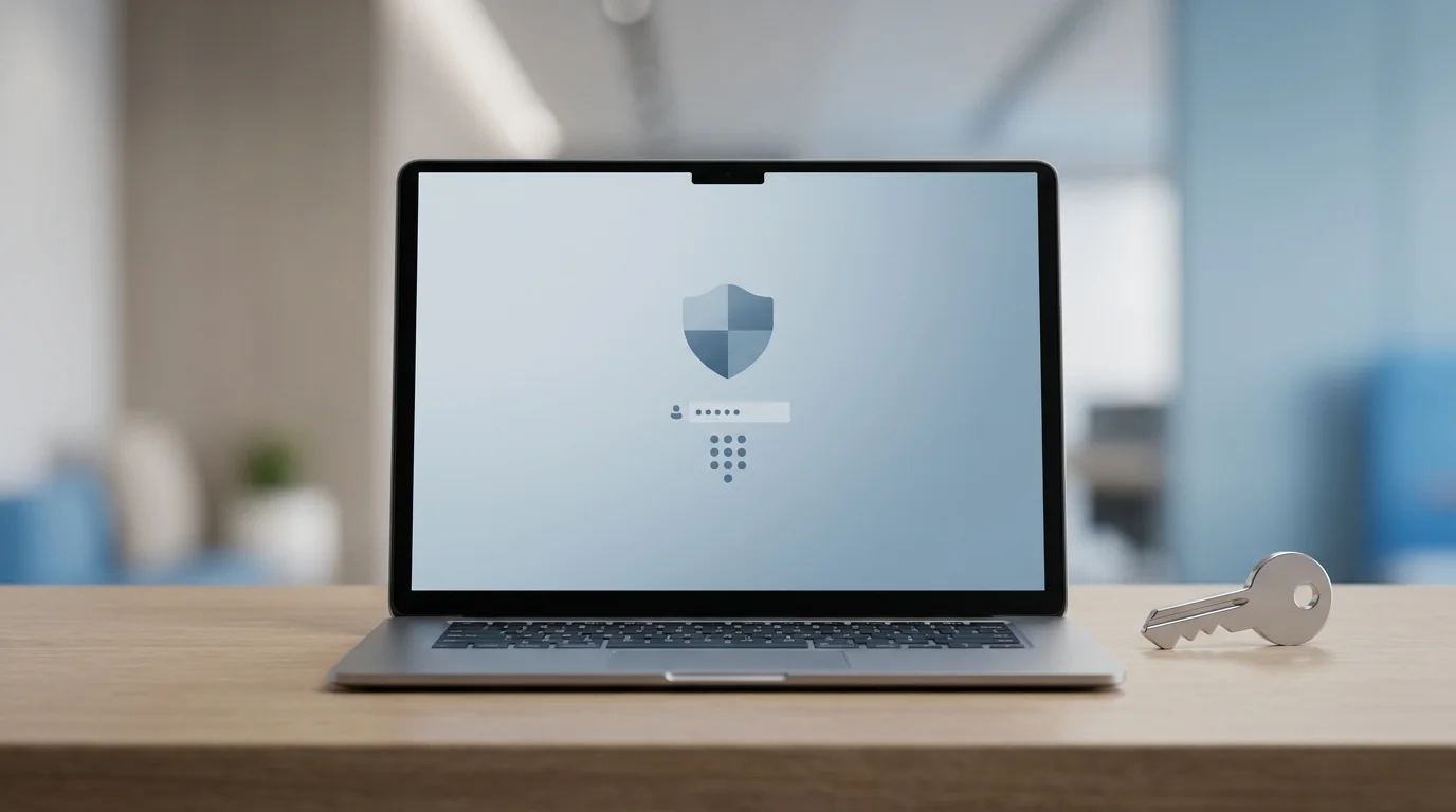 A Windows laptop on a desk with a generic sign-in screen and a security PIN symbol