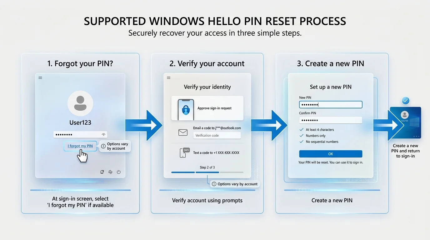 An instructional illustration of the Windows Hello PIN reset process with account verification and creating a new PIN