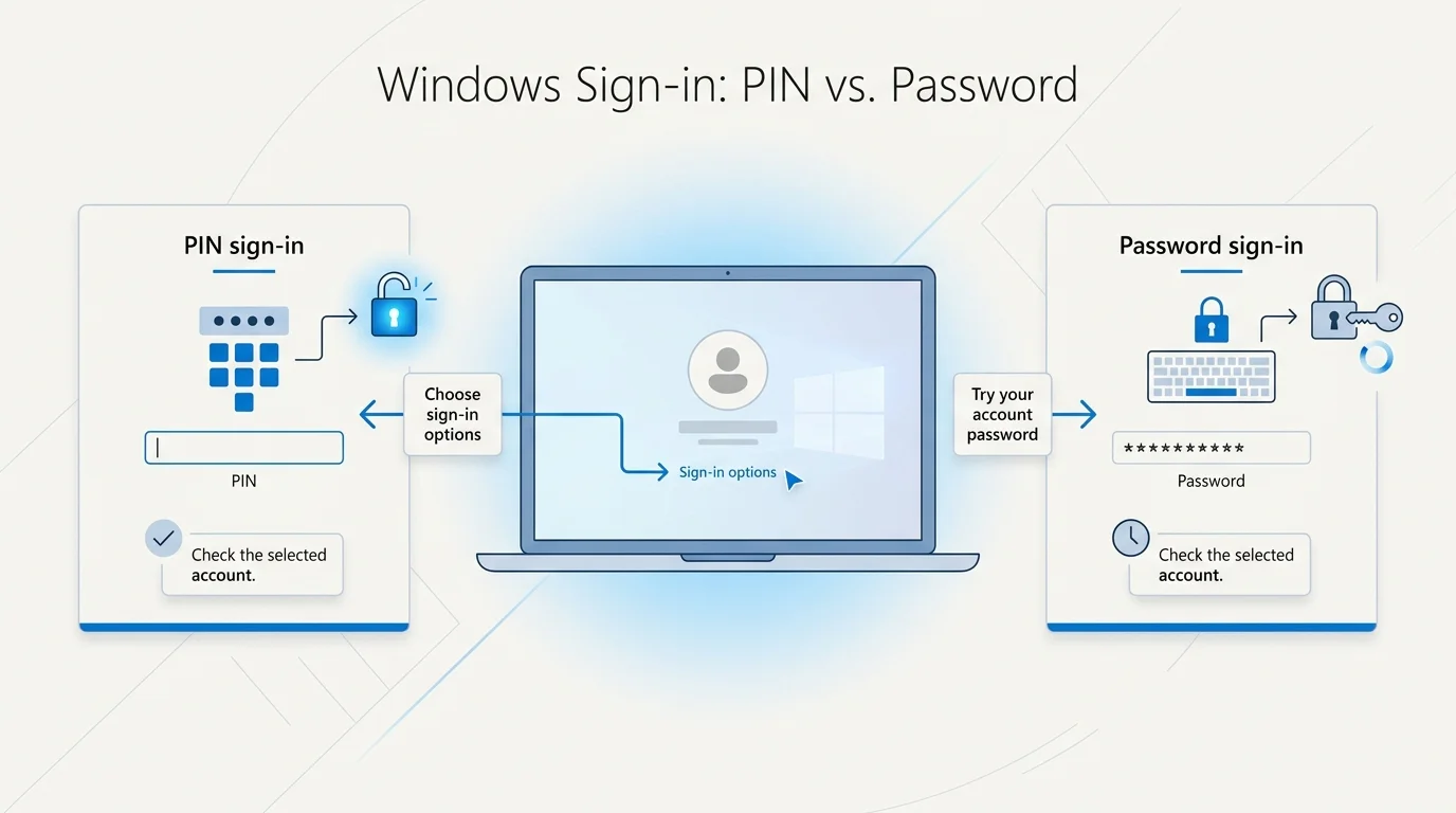 An illustrative Windows sign-in screen showing separate PIN and password sign-in choices