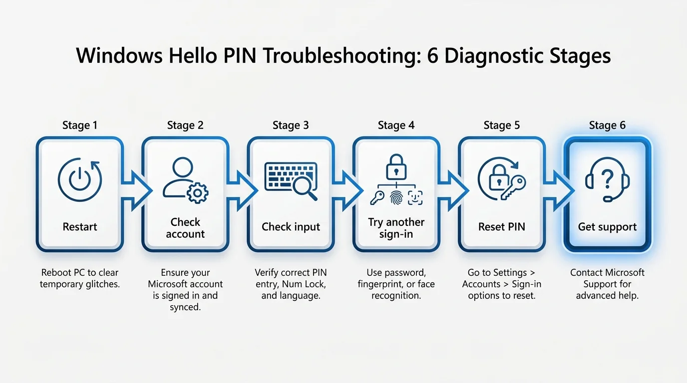 A troubleshooting checklist for Windows Hello PIN issues covering restart, password sign-in, PIN reset, updates, and support