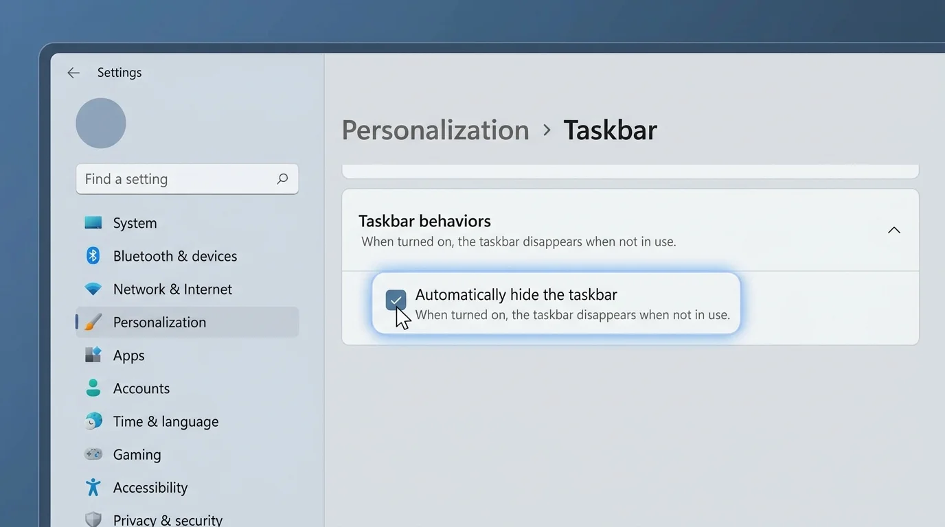 Windows 11-inspired Taskbar behaviors settings with Automatically hide the taskbar selected