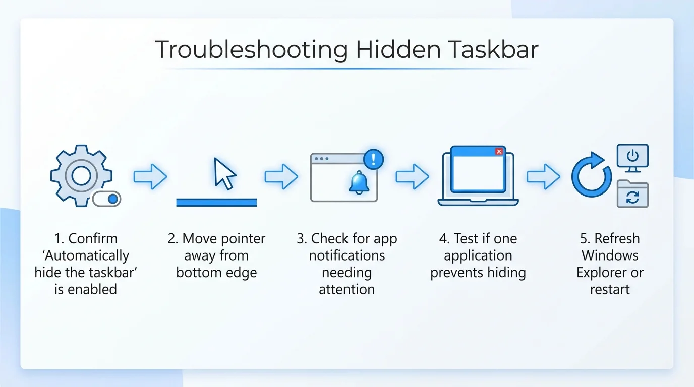 Troubleshooting flow showing checks for the auto-hide setting, pointer position, app alerts, and restarting Windows Explorer