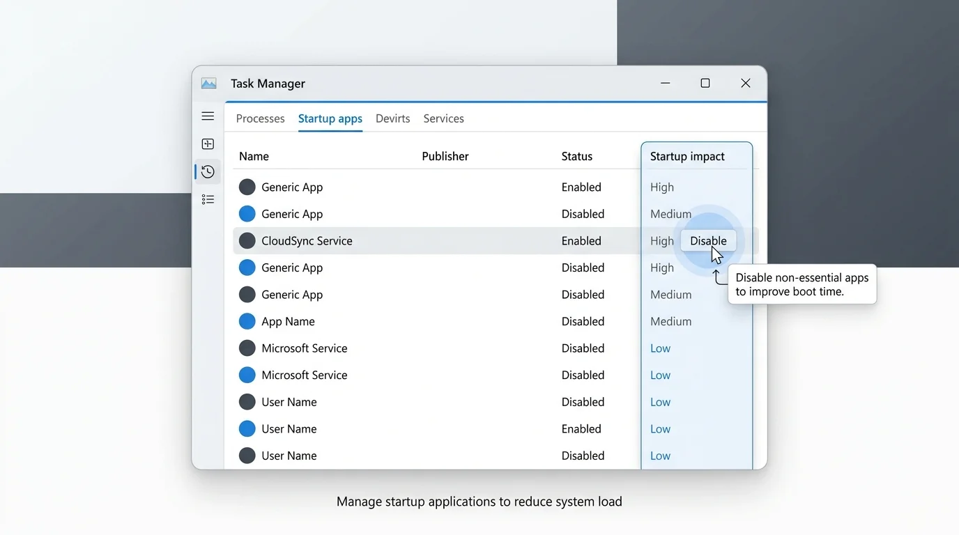 Illustrated Windows 11 Task Manager view highlighting the Startup apps list, Startup impact column, and Disable action; use generic app names and no fabricated performance figures