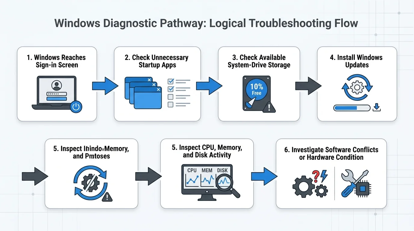 A simple visual guide separating a slow sign-in or desktop load from a PC that cannot boot into Windows