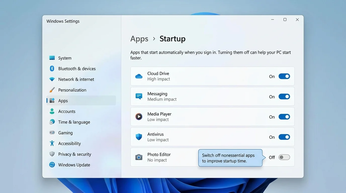 Windows 11-inspired Settings screen showing the Apps and Startup options with app launch toggles