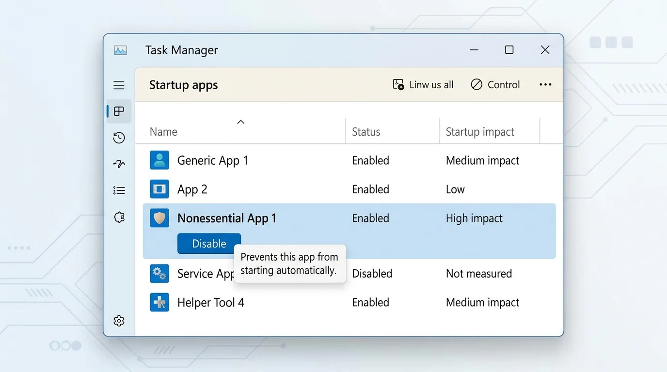 Windows Task Manager-style Startup apps list with a selected nonessential app and a Disable action