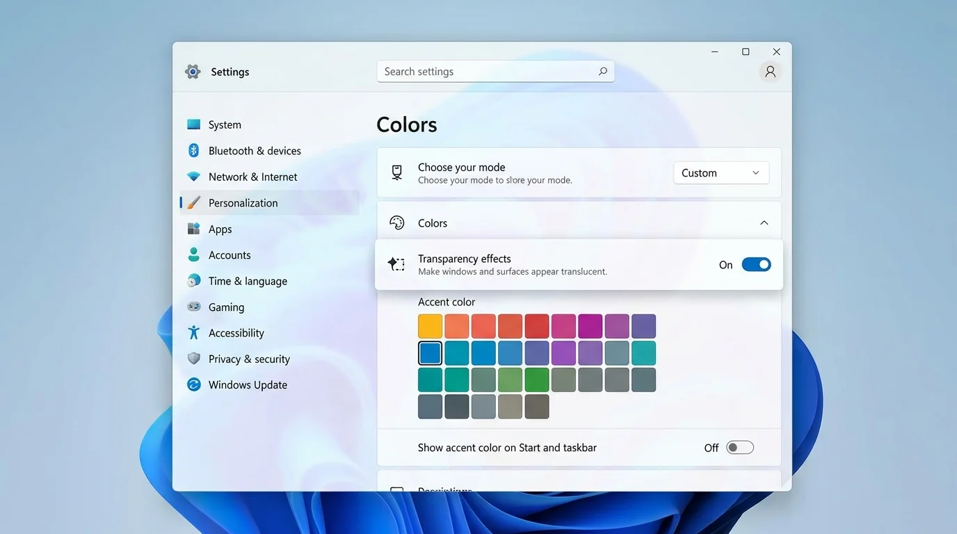 Windows 11-inspired Personalization and Colors settings with Transparency effects enabled