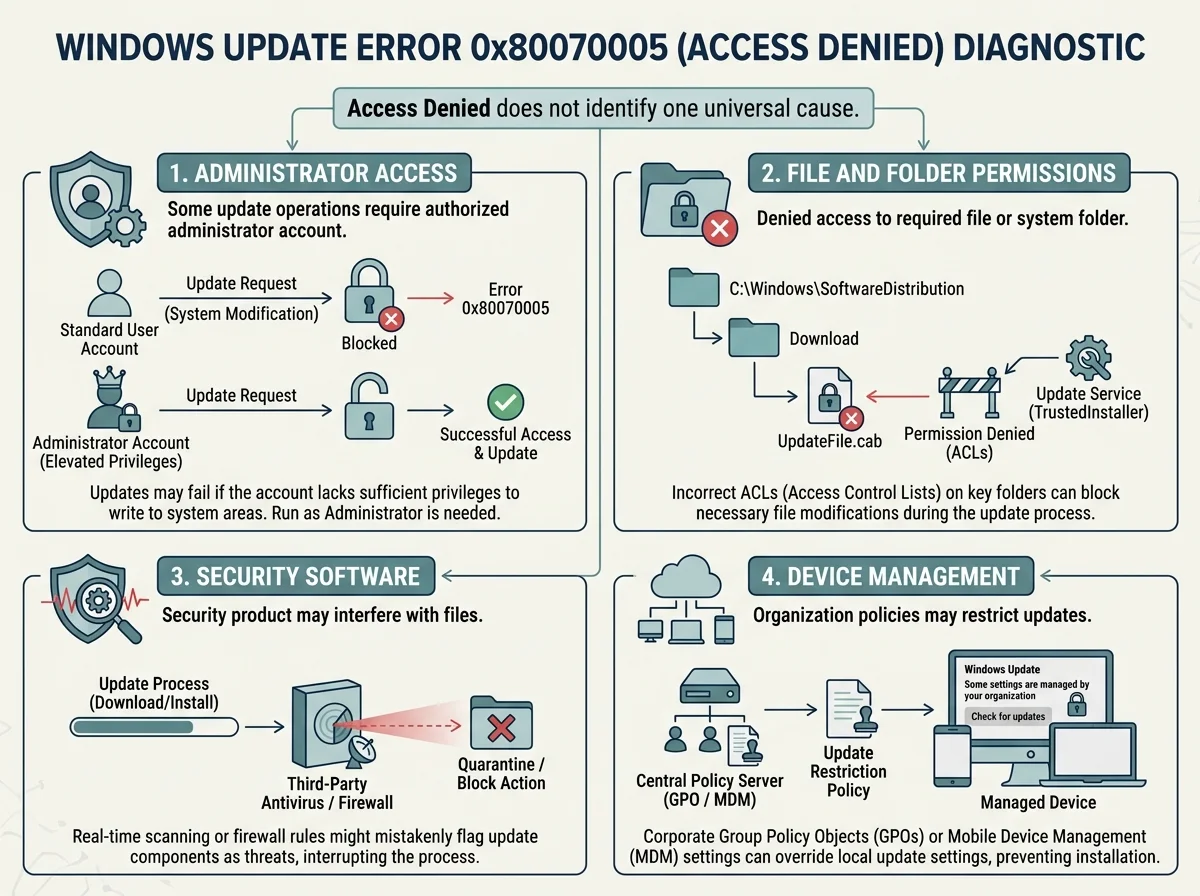 A diagnostic overview for Windows Update error 0x80070005 showing administrator access, troubleshooting, and permission checks