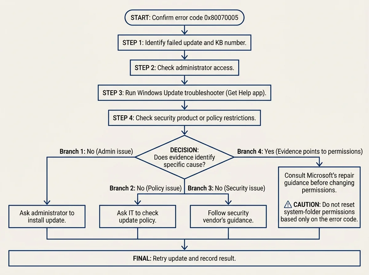 A decision flowchart for Windows Update error 0x80070005, separating account access, managed-device policy, security software, and evidence-based system repair