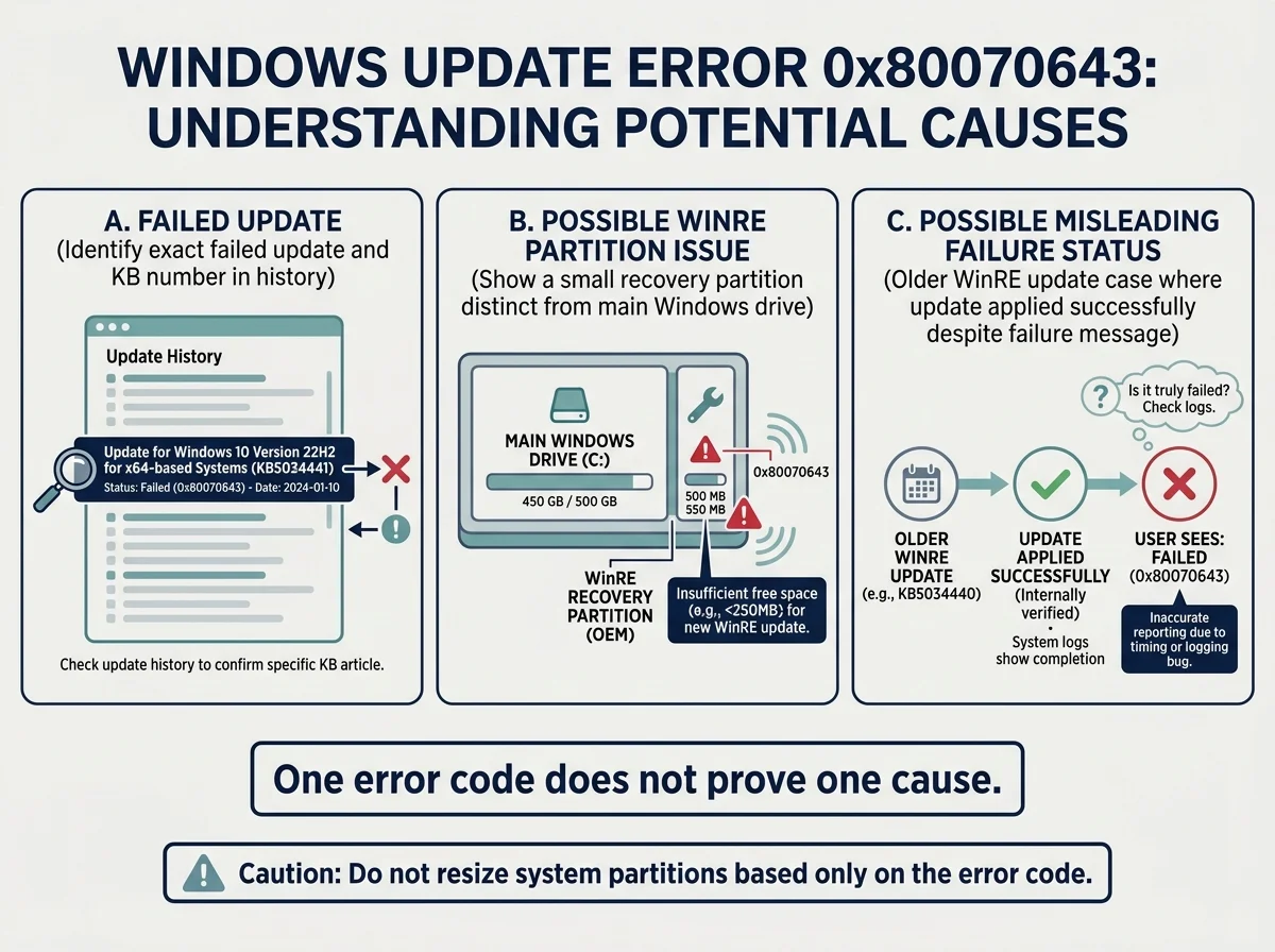 An editorial illustration of a laptop representing Windows Update error 0x80070643 troubleshooting