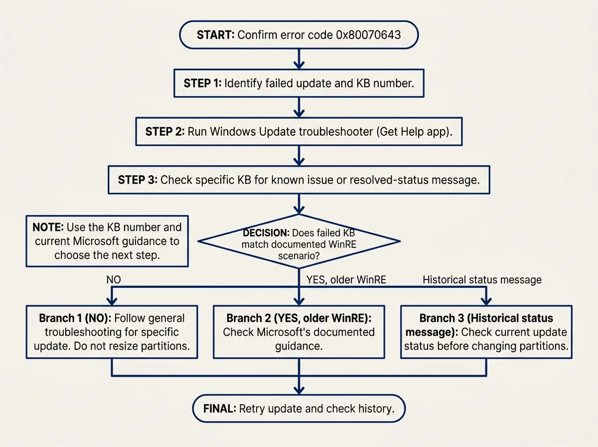 A troubleshooting flowchart for error 0x80070643 that first identifies the failed KB update and separates ordinary update checks from WinRE-specific investigation