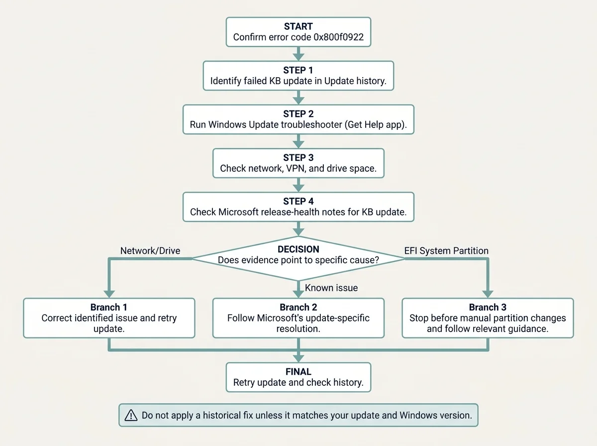 A simple decision flowchart for error 0x800f0922, starting with the failed KB number and separating network, storage, known-update, and advanced system-partition paths
