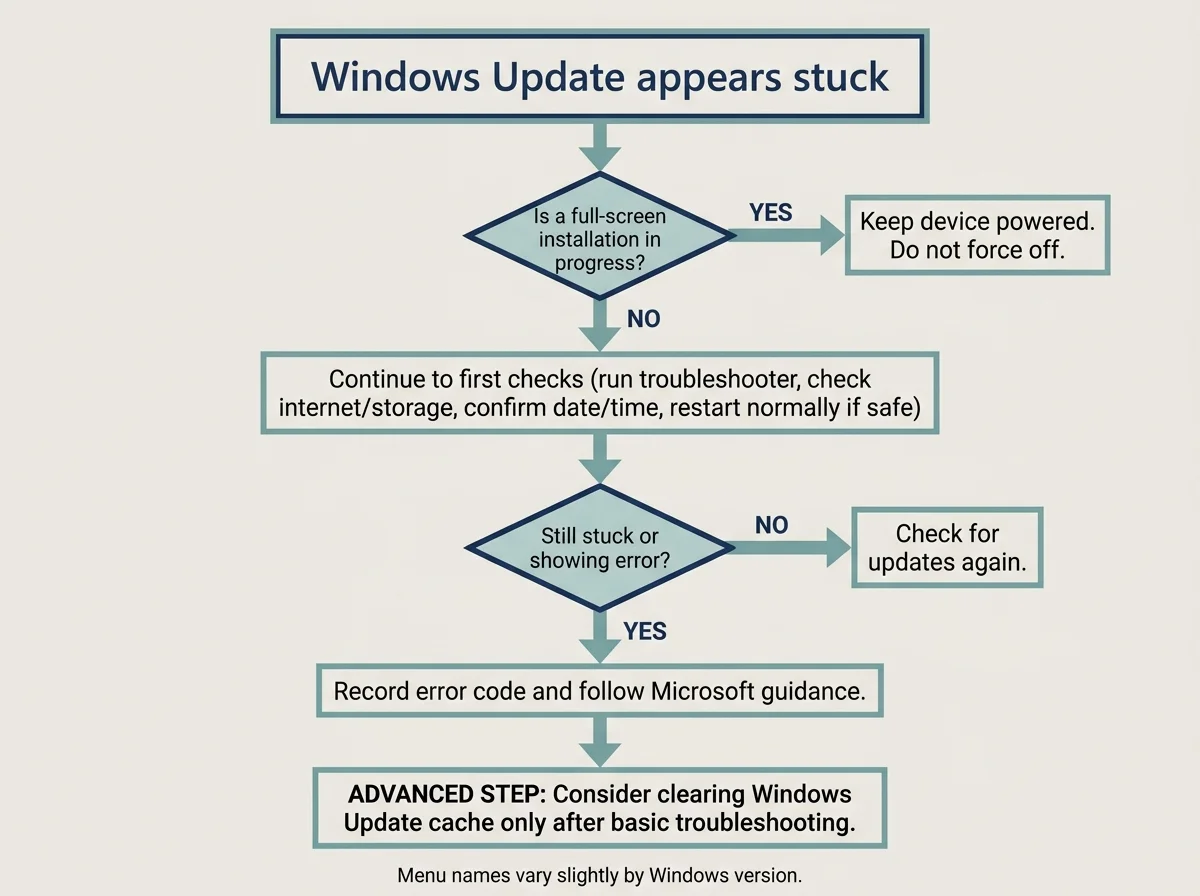 A troubleshooting flowchart for Windows Update stuck at 0%, 100%, Checking for updates, or Restarting, routing each symptom to safe first checks and then advanced repair