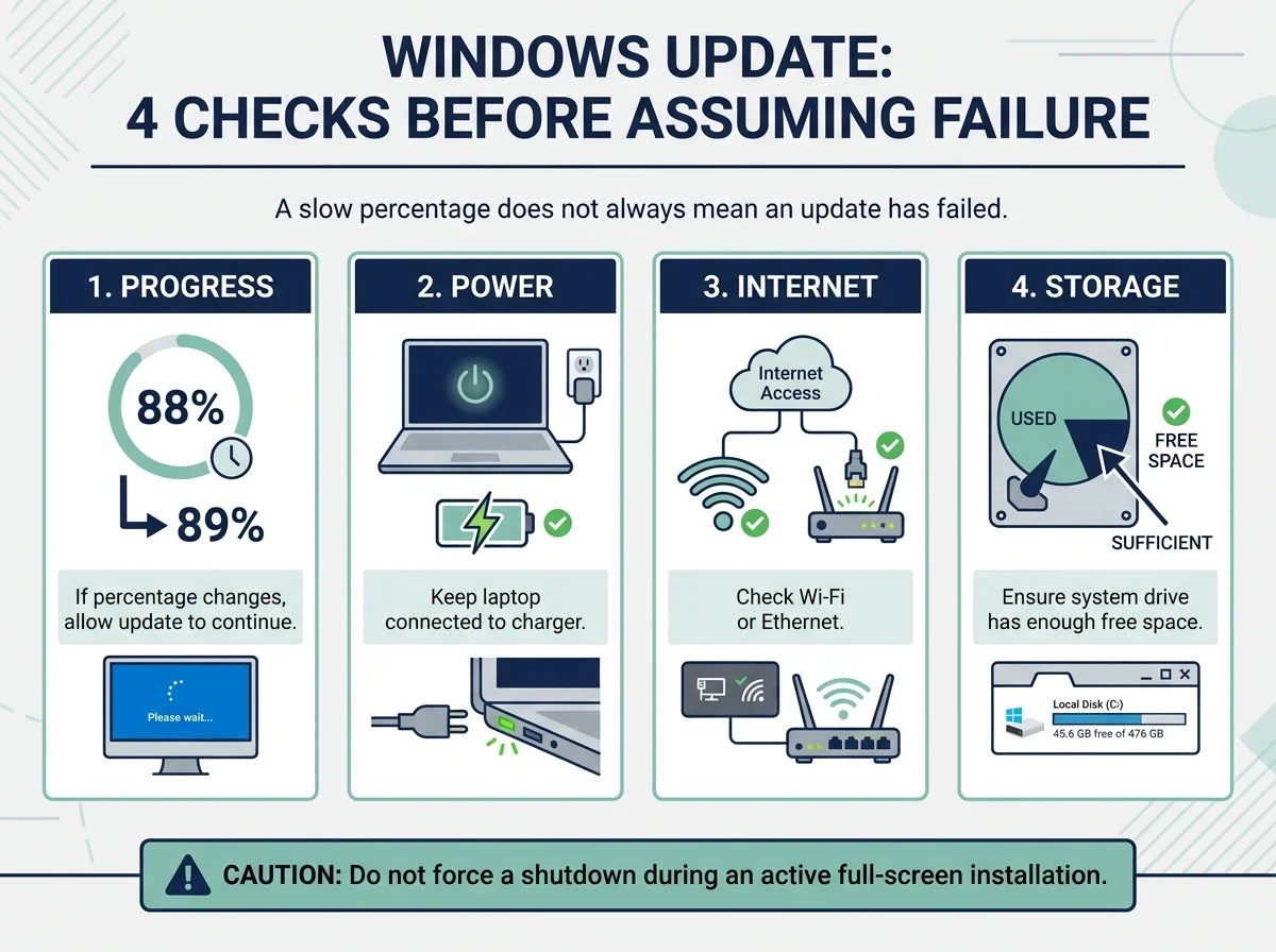 A simple diagram distinguishing a slow-moving update from a likely stuck update, with reminders to keep the computer powered and avoid interrupting an active installation